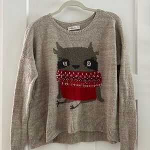 Abercrombie & Fitch Taupe Owl Christmas Holiday Sweater with Sequins, Size Small